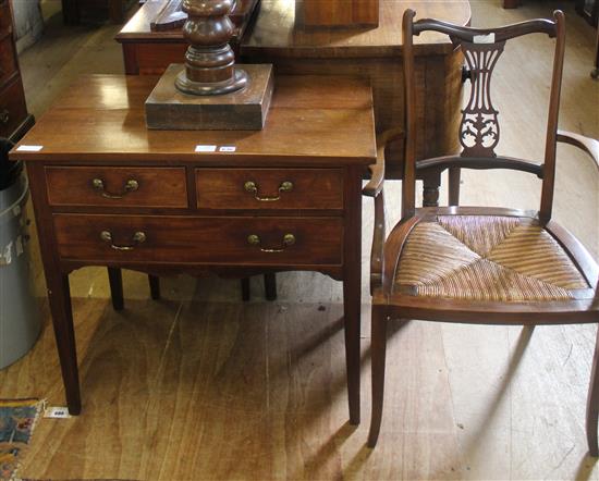 Mahogany low boy with two short and one long drawer & elbow chair(-)
